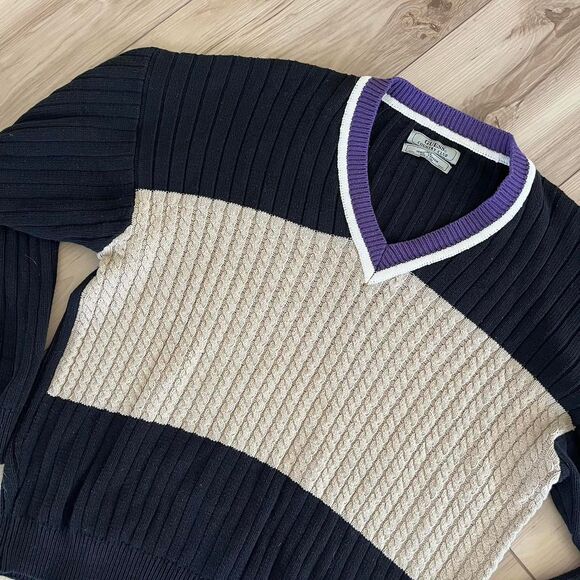 Vintage 90s GUESS Country Club Black Tan Cable Knit V-Neck Stripe Sweater Sz XL - Picture 3 of 5